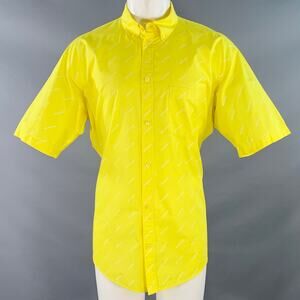 M Yellow White Logo Cotton Button Down Collar One Pocket Oversized Shirt